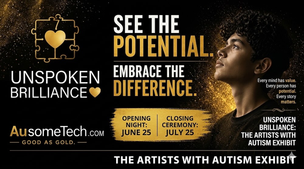 A sophisticated black and gold poster promoting an art exhibit called 