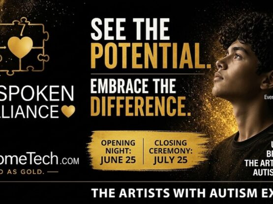 A sophisticated black and gold poster promoting an art exhibit called 